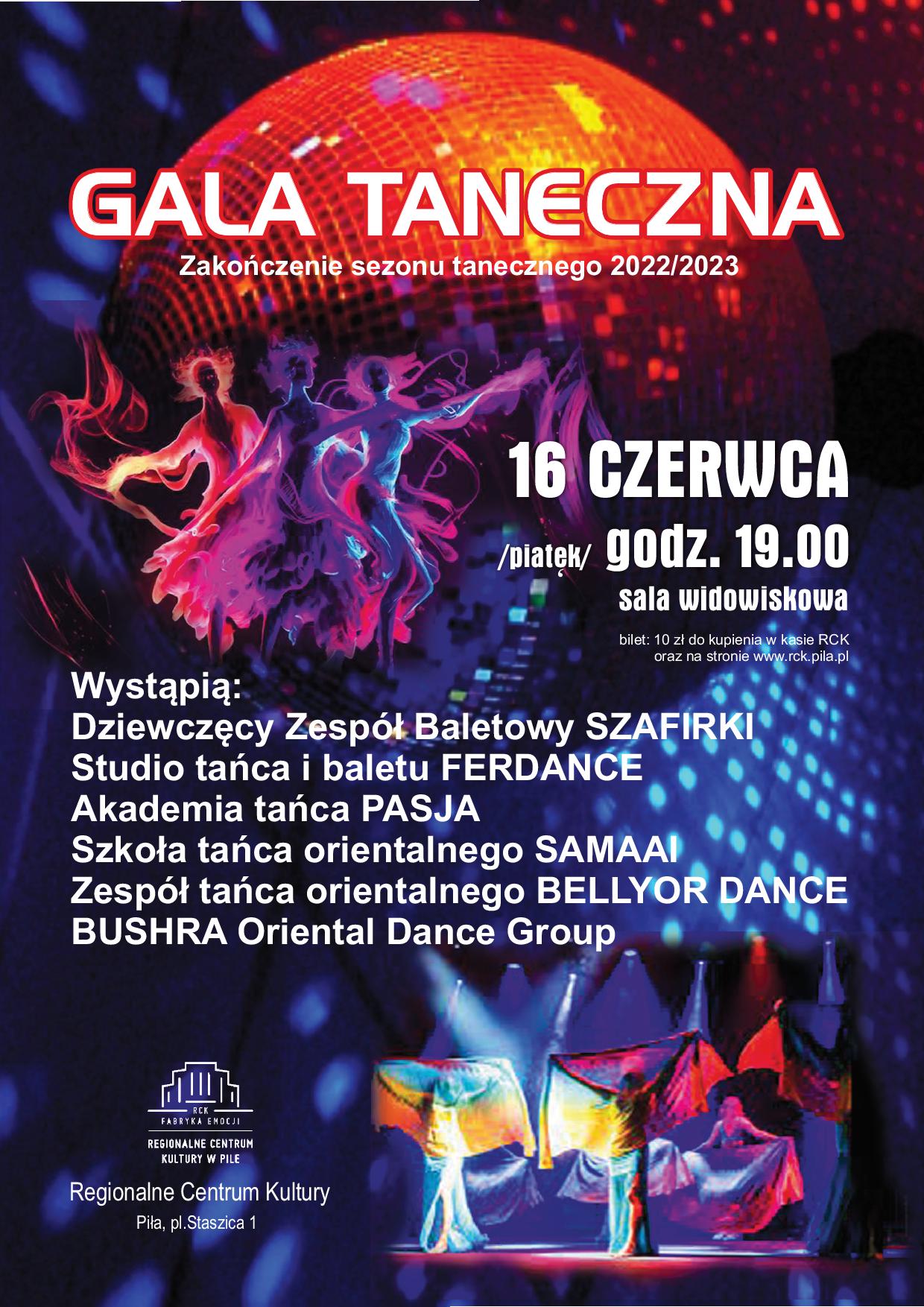 ciemne kolory z elementami fioletu i czerwieni, kula dyskotekowa, tńczące postaci, napis: Gala taneczna podsumowanie sezonu, wymienione zespoły taneczne, 16 czerwca godzina 19:00, wstęp 10 zł