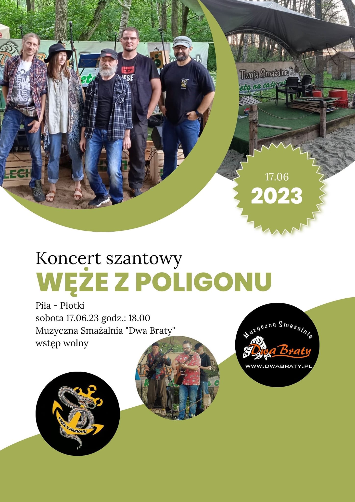 biało zielony plakat ze zdjęciami z koncertów zespołu, napis: 17 czerwca, godzina 18:00 Muzyczna Smażalnia Dwa Braty, , 
