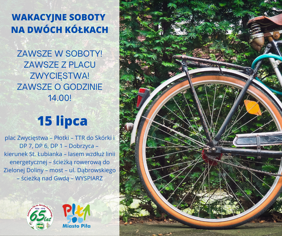plakat rower oparty o ścianę zieleni, Wakacyjne soboty na dwóch kółkach, ZAWSZE W SOBOTY!ZAWSZE Z PLACU ZWYCIĘSTWA!ZAWSZE O GODZINIE 14.00! plac Zwycięstwa – Płotki – TTR do Skórki i DP 7, DP 6, DP 1 – Dobrzyca – kierunek St. Łubianka – lasem wzdłuż linii energetycznej – ścieżką rowerową do Zielonej Doliny – most – ul. Dąbrowskiego – ścieżką nad Gwdą – WYSPIARZ