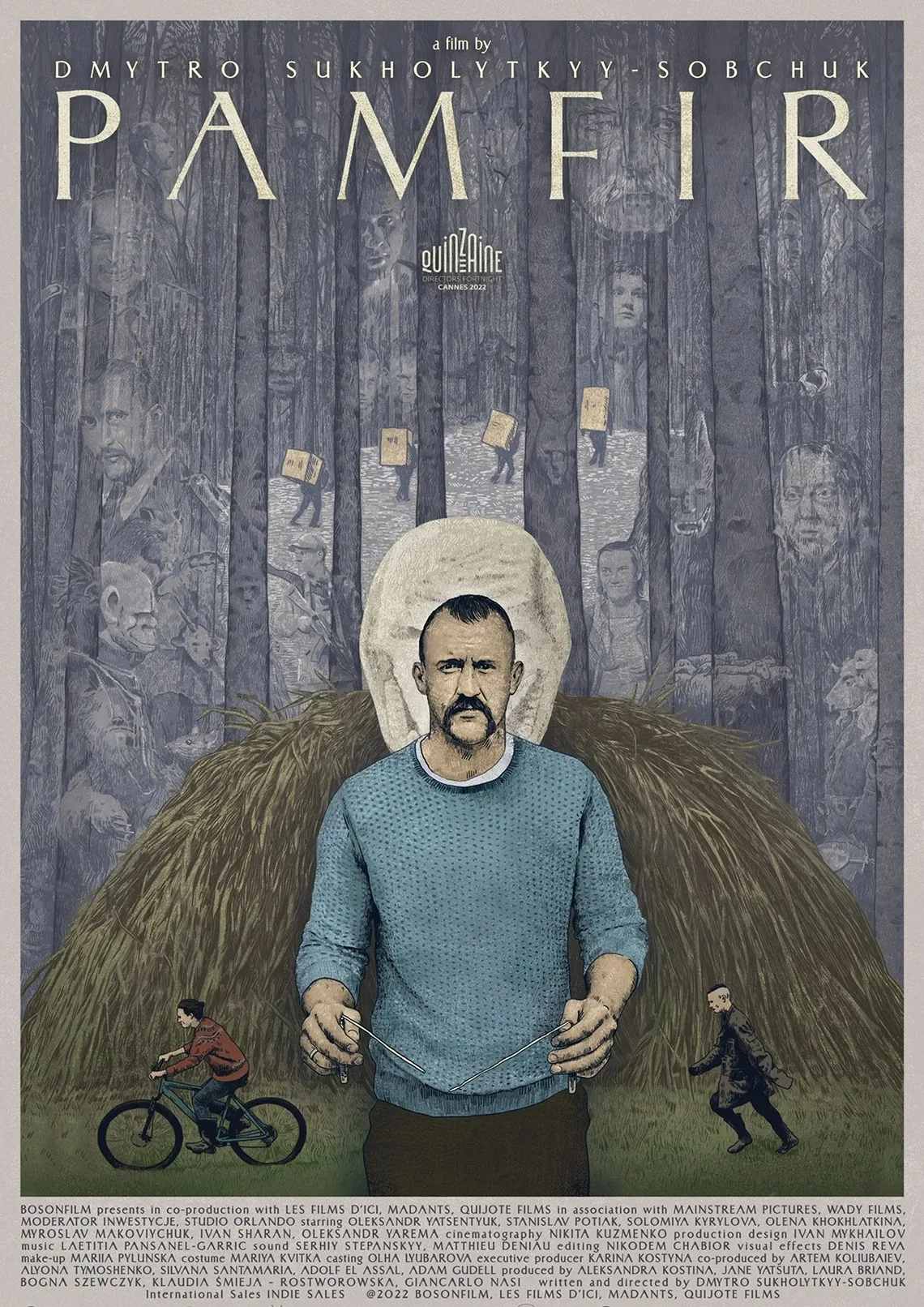 Wieczór Dobrego Kina: Pamfir Plakat, rysunek mężczyzny, za nim snop siana, chłopak na rowerze i biegnący chłopak. Wyżej pionowe pasy, postaci niosące pudła, twarze ludzi, żołnierze z bronią, zwierzęta. Treść: Pamir