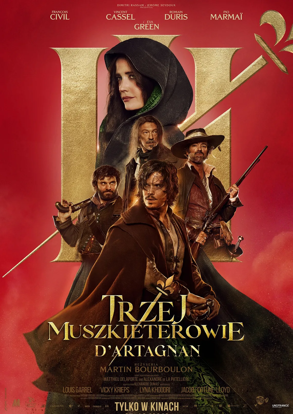Wieczór Dobrego Kina: Trzej Muszkieterowie: D'Artagnan Plakat. Czterech mężczyzn z bronią, w tle kobieta z kapturem na głowie. Treść: Trzej Muszkieterowie: D'Artagnan, reż. Martin Bourboulon