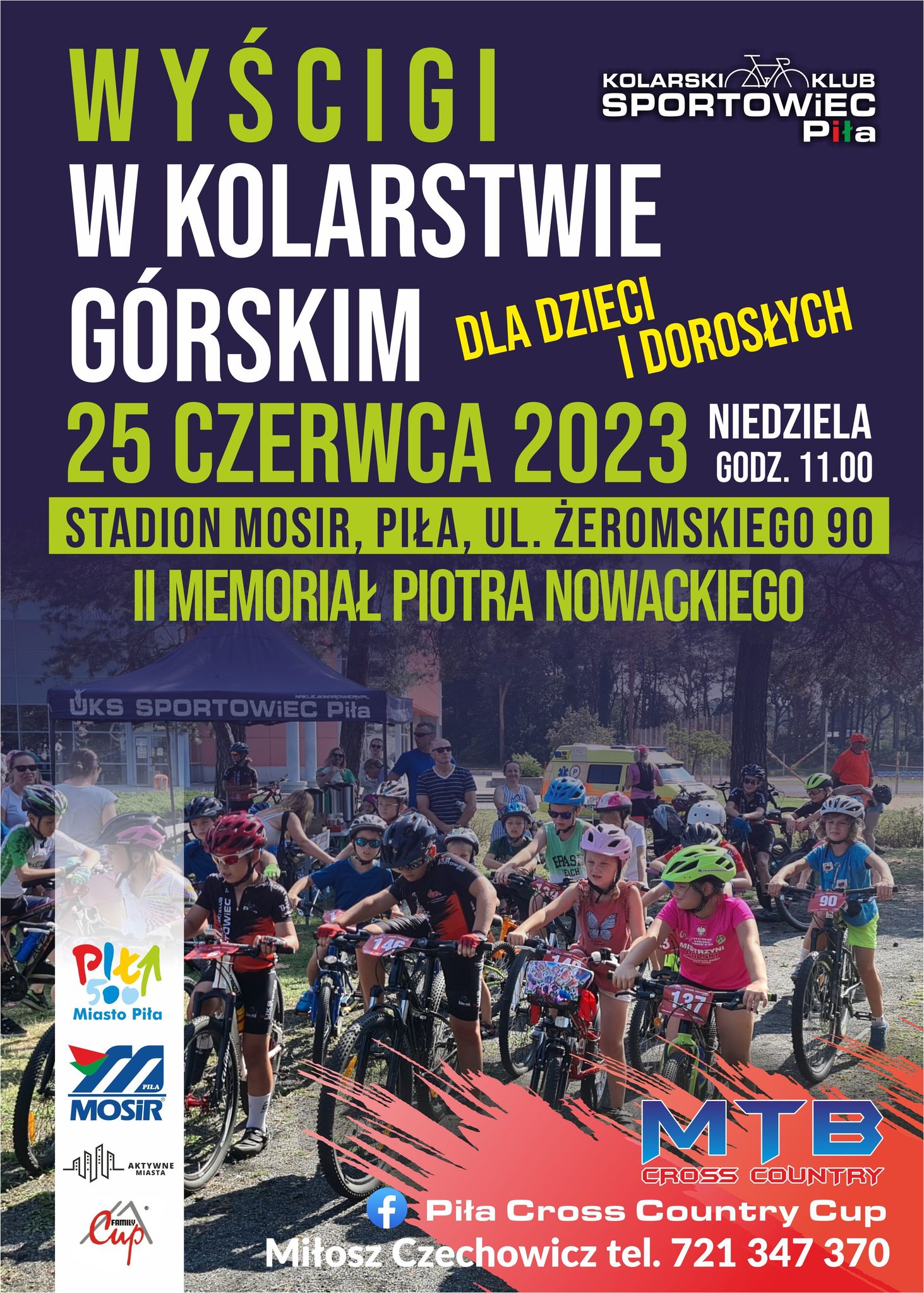 napis: Wyścigi w kolarstwie górskim, 25 czerwca godzina 11:00, Memoriał Piotra Nowackiego, zdjęcie grupa dzieci na rowerach, na białym pasku logotypy. 