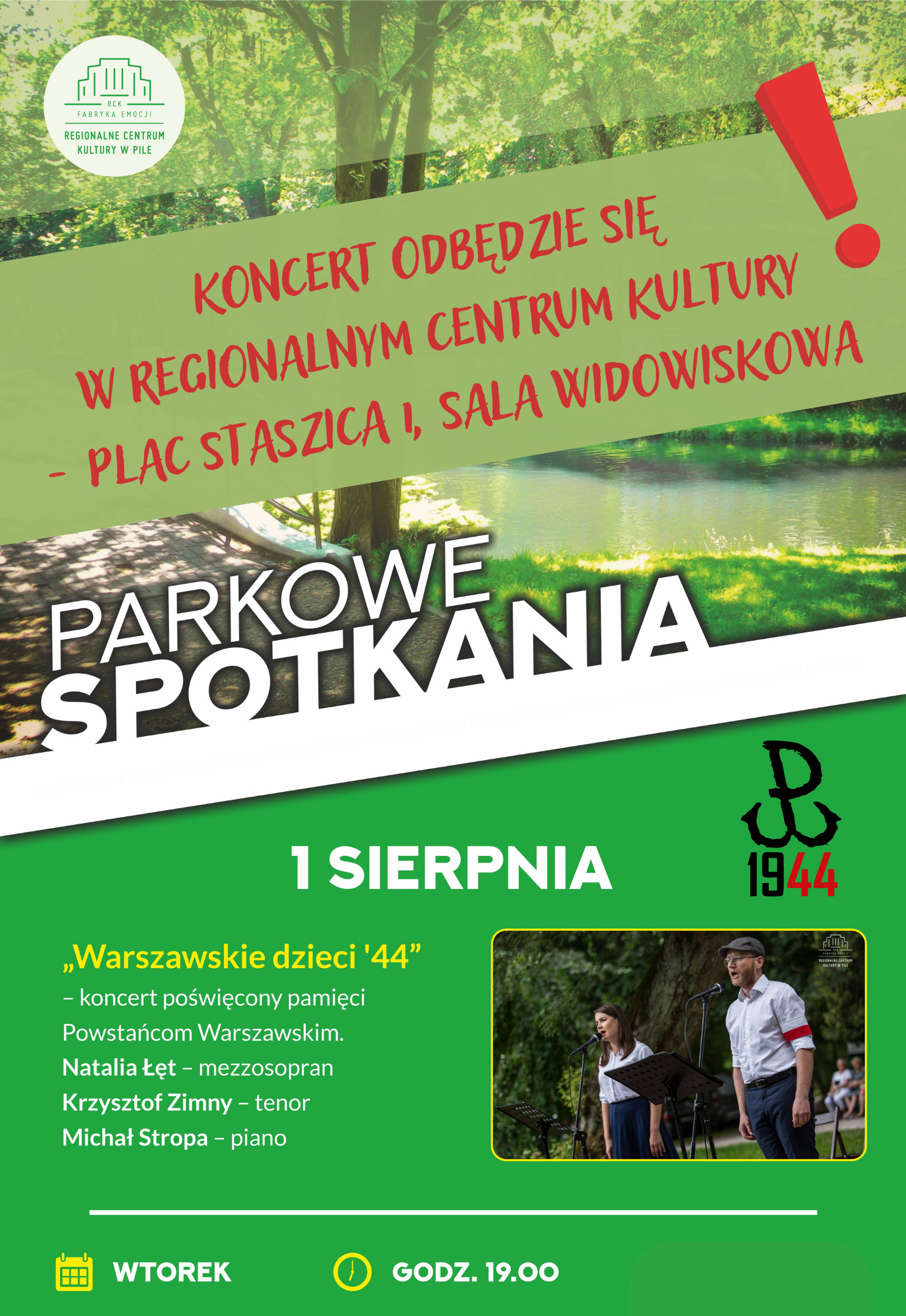 Park, mostek, dużo zieleni, w kwadracie zdjęcie 2 ludzi z biało-czerwonymi opaskami na ramieniu, Napis: Parkowe Spotkania Warszawskie Dzieci 1944, Regionalne Centrum Kultury