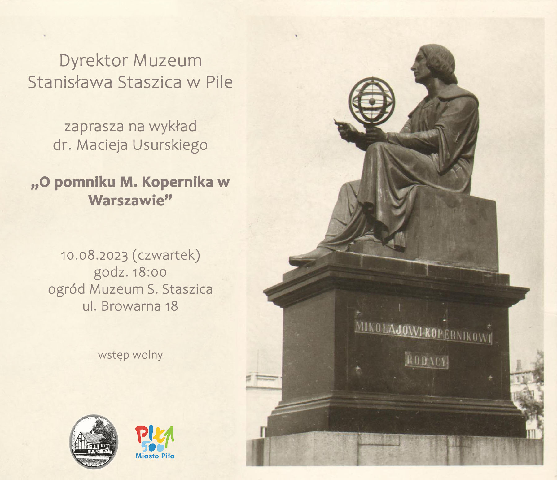 Zdjęcie pomnika Mikołaja Kopernika, napis: Dyrektor Muzeum Stanisława Staszica zaprasza na wykład dr. Macieja Usurskiego "O pomniku Mikołaja Kopernika w Warszawie", 10.08.2023.(czwartek) godzina 18:00, ogród Muzeum 