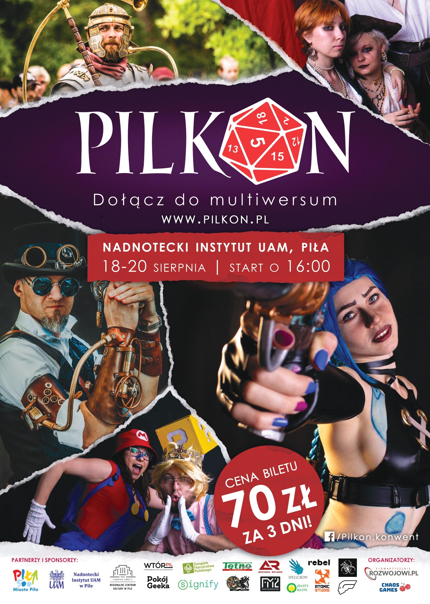 plakat zdjęcia ludzi w przebraniach - woj, postaci z gier, napis: Pilkon dołącz do multiversum, www.pila.pl, Instytut UAM, start o 16:00, na dole logotypy