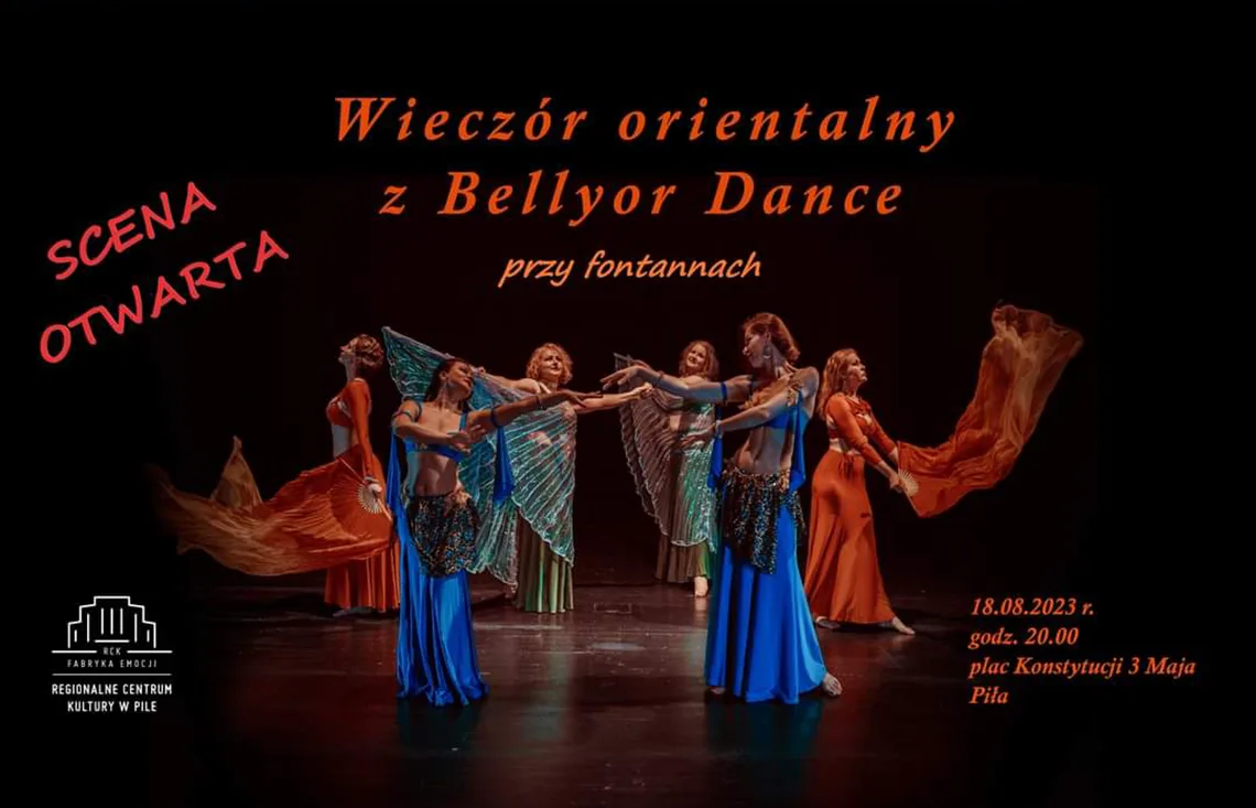 Kobiety w kolorowych sukniach tańczące taniec brzucha. Wieczór orientalny z z Bellyor Dance, 18 sierpnia 2023, godz. 20.00 wstęp wolny plac Konstytucji 3 Maja