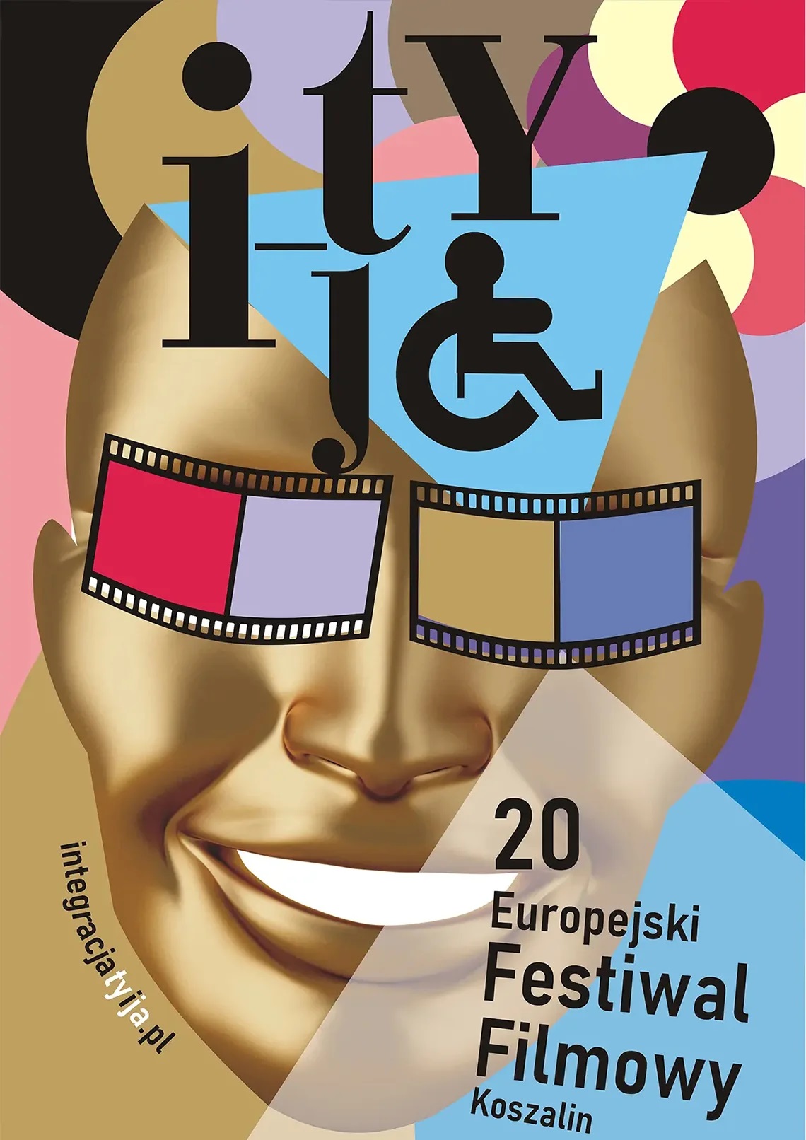 grafika złotej maski z szerokim uśmiechem i kolorowymi okularami, napis: 20. Europejski Festiwal Filmowy w Koszalinie "INTEGRACJA TY I JA" 