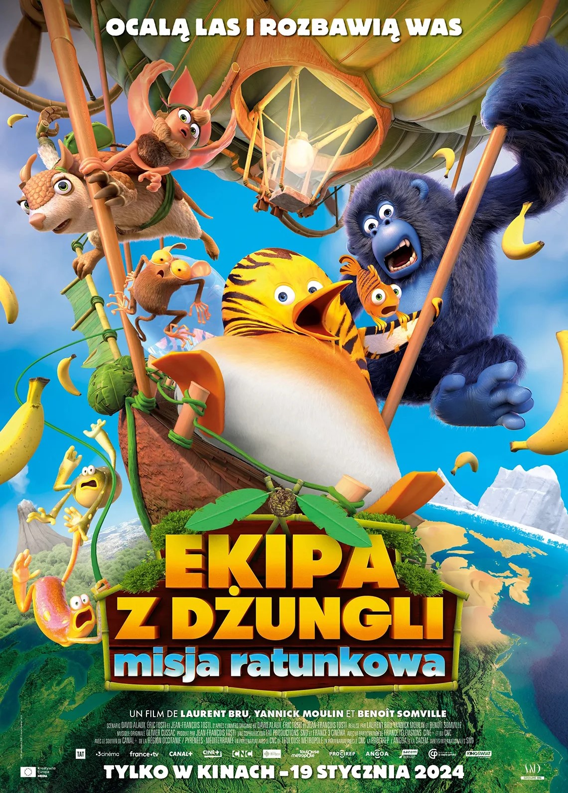 Plakat promujący animowany film pod tytułem " Ekipa z&nbsp;dżungli. Misja ratunkowa; Regionalne Centrum Kultury:  12 lutego 2024, godz. 16.00, 13 lutego 2024, godz. 10.00, 16.00, 14 lutego 2024, godz. 10.00, 15 lutego 2024, godz. 10.00, 16.00; bilet: 20 zł, 15 zł ulgowy  (Les as de la jungle 2 - Op&eacute;ration tour du monde) animowany, komedia, przygodowy, Francja (89 min.) reż. Danid Alaux, Eric Tosti Kiedy tajemniczy superłotr pokrywa dżunglę eksplodującą pianą, kt&oacute;ra wybucha przy najmniejszym kontakcie z&nbsp;wodą, do akcji wkraczają zwierzaki z&nbsp;dzikiej paki. Aby uratować ekosystem i&nbsp;dziewiczą przyrodę, dzielny goryl Miguel i&nbsp;jego kumple wyruszą balonem w&nbsp;zapierającą dech w&nbsp;piersiach podr&oacute;ż od Bieguna P&oacute;łnocnego po Daleki Wsch&oacute;d. Przemierzając g&oacute;ry, pustynie i&nbsp;oceany w&nbsp;poszukiwaniu antidotum, przeżyją setki niezapomnianych przyg&oacute;d i&nbsp;zrobią wszystko, by powr&oacute;cić na&nbsp;czas. A nie będzie to łatwe, bo&nbsp;pora deszczowa zbliża się nieubłaganie, a&nbsp;podstępny wr&oacute;g i&nbsp;jego sługusi depczą im po piętach. Czy łącząc siły, łapki, płetwy i&nbsp;skrzydła, bohaterski eko-patrol zdoła powstrzymać przeraźliwie WIELKIE BUM?!