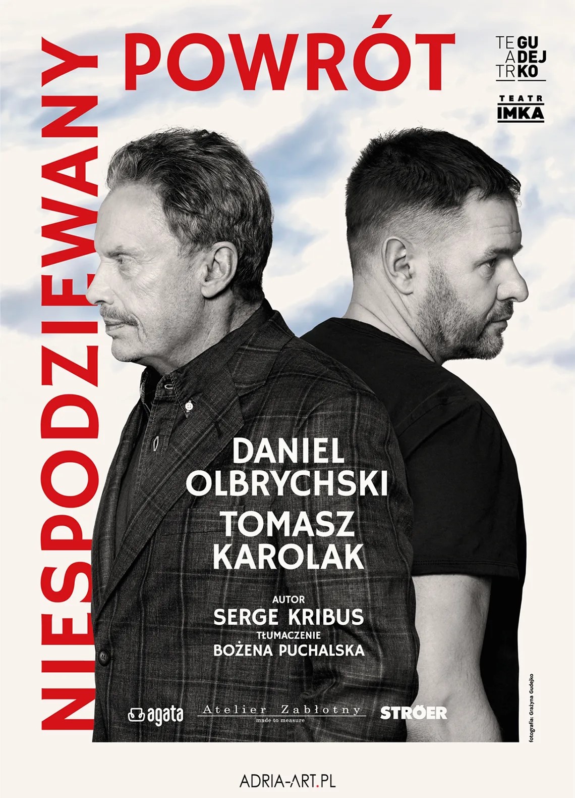 Plakat promujący spektakl teatralny pod tytułem &bdquo;Niespodziewany Powr&oacute;t&rdquo;. Na plakacie zdjęcia aktor&oacute;w Daniela Olbrychskiego i&nbsp;Tomasza Karolaka. Regionalne Centrum Kultury; 20 stycznia 2024, godz. 19.00; bilet: od 70 zł