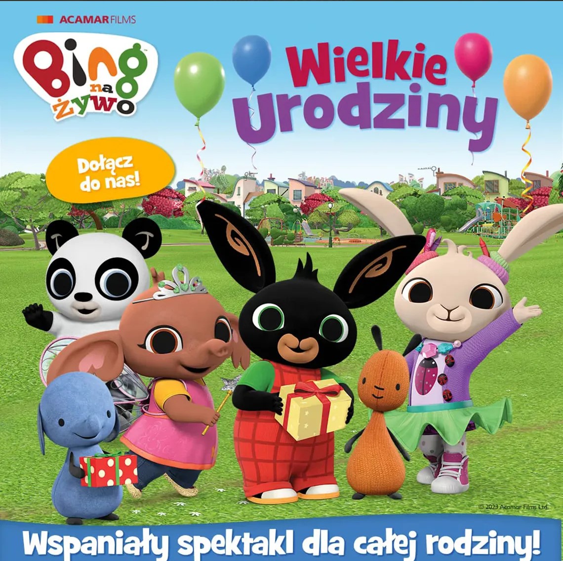 Plakat promujący spektakl teatralny dla dzieci pod tytułem "Bing na&nbsp;żywo -Wielkie urodziny". Plakat to grafika animowanych  bohater&oacute; spektaklu. Bing na&nbsp;Żywo Wspaniała wiadomość dla Bingusi&oacute;w i&nbsp;ich bliskich! Po ogromnym sukcesie serialu Bing, najbardziej uwielbiany przez dzieci na&nbsp;całym świecie kr&oacute;liczek Bing, wraz ze swoimi przyjaci&oacute;łmi, odwiedzi teatry w&nbsp;całej Polsce! Premierowy spektakl Bing na&nbsp;Żywo "Wielkie Urodziny" to międzynarodowa produkcja w&nbsp;języku polskim, została zrealizowany pod czujnym okiem tw&oacute;rc&oacute;w animacji, z&nbsp;myślą o&nbsp;najmłodszych widzach, doskonale dostosowany do ich percepcji. W spektaklu pojawiają się dziecięce postacie Bing, Sula, Coco, Pando, Flop w&nbsp;formie przepięknych wielkoformatowych lalek, kt&oacute;re są na&nbsp;żywo animowane są przez utalentowanych polskich aktor&oacute;w. Bing na&nbsp;żywo to wielka teatralna przygoda, wspaniała scenografia, wesołe piosenki i&nbsp;duża dawka interakcji z&nbsp;małymi widzami. Dla najmłodszych to wyjątkowa okazja zobaczenia na&nbsp;żywo kr&oacute;liczka Binga i&nbsp;jego przyjaci&oacute;ł! Spektakl przeznaczony jest dla dzieci w&nbsp;wieku przedszkolnym. Rozwija umiejętności społeczne, buduje pozytywne wzorce zachowań, podpowiada, jak nawiązywać relacje z&nbsp;r&oacute;wieśnikami oraz&nbsp;dorosłymi. Uczy, jak radzić sobie z&nbsp;emocjami, uczuciami, czym jest przyjaźń, akceptacja, tolerancja, wsp&oacute;łpraca, wsp&oacute;łzawodnictwo oraz&nbsp;jak rozwiązywać konflikty z&nbsp;poszanowaniem dla innych os&oacute;b. Zapraszamy całe rodziny na&nbsp;pierwsze wsp&oacute;lne wyjście do teatru! Pamiętajcie: Bing na&nbsp;Żywo &ndash; to wielka rzecz! Obsada: Bing &ndash; Karol Sławek / Szymon Bujak Coco i&nbsp;Sula - Karolina Mazurek / Monika Markowska Flop i&nbsp;Pando &ndash; Jakub Szlachetka / Maciej Łabaz Wiktoria Grzegorczyk Reżyseria: Zuzanna Gaińska na&nbsp;podstawie spektaklu Wilhelmini Hoornstras Produkcja Agencja Good Walk Zapraszamy całe rodziny na&nbsp;pierwsze wsp&oacute;lne wyjście do teatru! Najważniejsze informację dotyczą uczestnictwa w&nbsp;spektaklu: 1. Spektakl jest dedykowany dzieciom już od 18 miesiąca życia! Dzieci, kt&oacute;re nie ukończyły 18 miesięcy życia mają wstęp bezpłatny i&nbsp;zajmują miejsce na&nbsp;kolanach opiekuna. Opiekun musi posiadać dokument potwierdzający wiek dziecka (książeczkę zdrowia, dow&oacute;d osobisty, paszport, akt urodzenia). 2. Wszystkie osoby, kt&oacute;re w&nbsp;dniu spektaklu ukończyły 18 miesięcy muszą posiadać sw&oacute;j bilet. Nie mamy bilet&oacute;w ulgowych. 3. Dzieci nie mogą uczestniczyć samodzielnie w&nbsp;spektaklu. 4. Spektakl trwa 60 minut, bez przerw. 5. W każdym mieście mamy zr&oacute;żnicowane ceny bilet&oacute;w, są 3 lub&nbsp;4 strefy cenowe. 6. Nie ma możliwości zwrotu bilet&oacute;w - jeśli obawiacie się sytuacji losowych lub&nbsp;zdrowotnych, to można ubezpieczyć bilety podczas zakupu, w&oacute;wczas, jeśli nie będziecie mogli przyjść z&nbsp;powod&oacute;w, kt&oacute;re wskazuje ubezpieczyciel, otrzymacie pełny zwrot, tu znajdziecie dokładne informacje https://www.eventim.pl/campaign/insurance 7. Dokonując zakupu bilet&oacute;w online pamiętajcie: - o&nbsp;możliwości ubezpieczenia bilet&oacute;w od nagłej choroby lub&nbsp;wypadku losowego (nie ma możliwości dokupienia ubezpieczenia po zakupie bilet&oacute;w) - usłudze PayPo, możecie wydłużyć płatność za bilety o&nbsp;30 dni lub&nbsp;rozłożyć ją na&nbsp;raty 8. Nie zwlekajcie z&nbsp;zakupem bilet&oacute;w! Spektakl nie jest w&nbsp;stałej ofercie repertuarowej w&nbsp;Waszym mieście. W wielu miastach gramy tylko jeden raz! Więcej informacji i&nbsp;odpowiedzi na&nbsp;temat udział w&nbsp;spektaklu znajdziecie w&nbsp;zakładce FAQ. tu link: https://www.eventim.pl/obj/media/PL-eventim/pdf/2023/bing-faq-v2.pdf?affiliate=GDW 