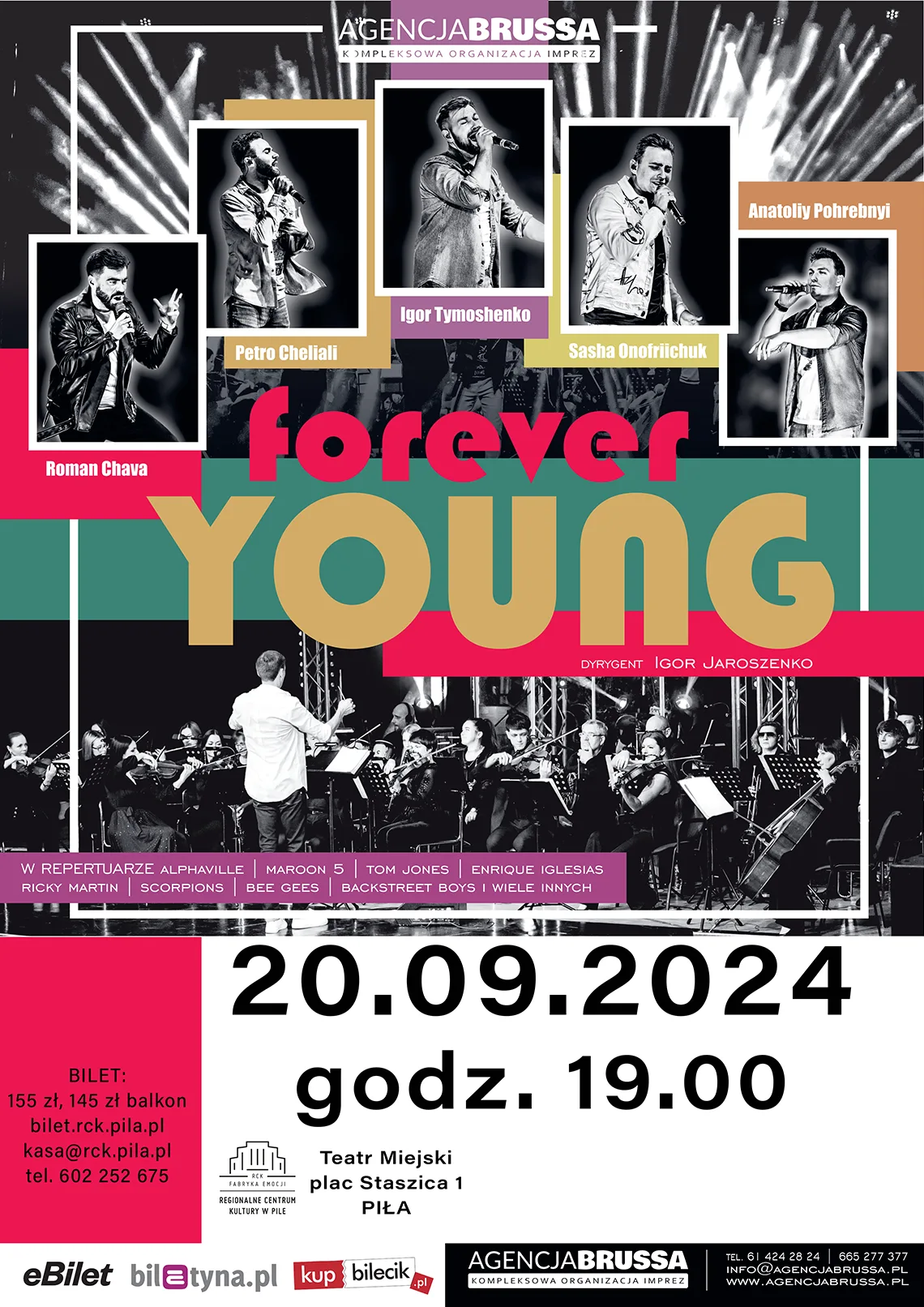 Plakat przedstawiający muzyków - artystów śpiewających i orkiestrę. Treść: forever YOUNG, 20 września 2024 roku, godz. 19.00, Regionalne Centrum Kultury w Pile