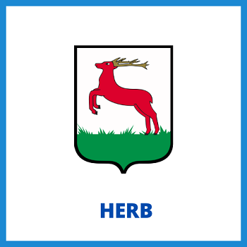 herb miasta - jeleń w skoku na zielonej trawie, napis herb