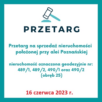 Po kliknięciu na grafikę zostaniesz przeniesiony do zakładki dotyczącej przetargu na sprzedaż nieruchomości przy alei Poznańskiej