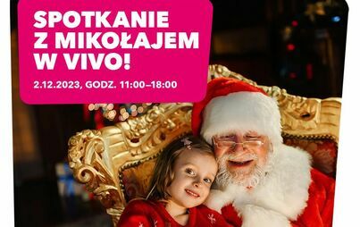 Święty Mikołaj czyta książkę dziewczynce, która siedzi na jego kolanach. Siedzą w złotym fotelu, dziewczynka ma świąteczny sweter, w tle świecą lampki. Treść: Spotkanie z Mikołajem w Vivo! 2 grudnia, 11.00-18.00